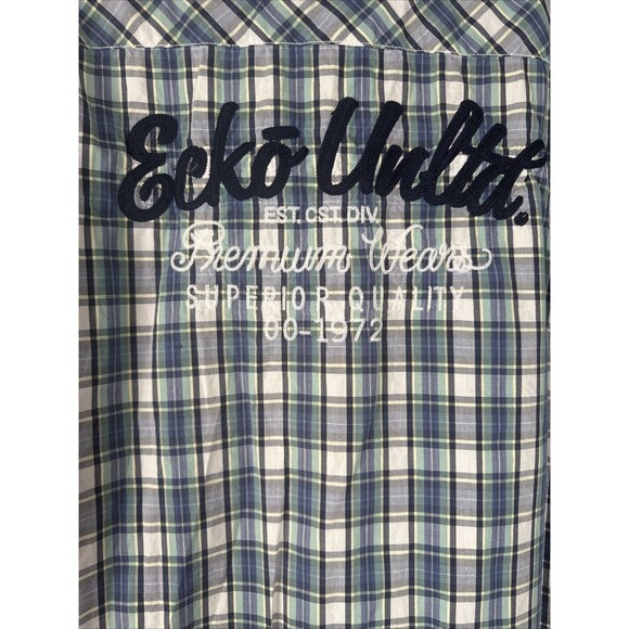 Ecko Unltd Mens XL Blue Plaid Short Sleeve Pearl‎ Snap Western Button Up Patches - Picture 6 of 14